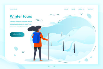 Vector illustration -  winter tourist girl looking on mountain to climb. Forests, trees and hills on white background. Banner, site, poster template with place for your text.