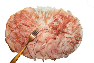 A round plate with Salami ( Salame di Milano ) on the left, boiled ham in the center bottom,  raw ham on the right and bacon on the center top. A fork is lying in the left bottom.
