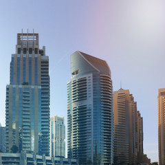 Dubai marina, United Arab Emirates. Sunrise over modern city skyline.