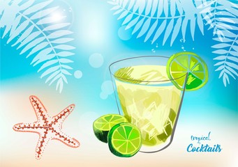 Tropical cocktails with fresh fruits. Summer holidays illustration.