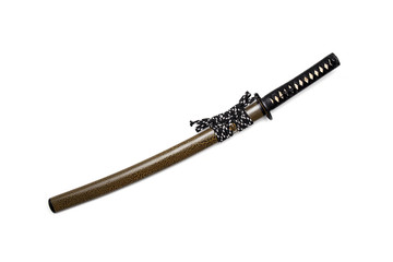 Black cord tie on grip  Japanese sword and textured scabbard with steel fitting isolated in white background. 