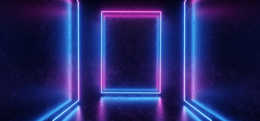 Modern Elegant Sci FI Futuristic Dark Scratched Metal Concrete Grunge Room With Reflections Realistic Texture Neon Glowing Rectangle Frame Shape Purple Blue 3D Rendering