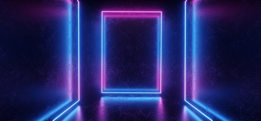 Obraz premium Modern Elegant Sci FI Futuristic Dark Scratched Metal Concrete Grunge Room With Reflections Realistic Texture Neon Glowing Rectangle Frame Shape Purple Blue 3D Rendering
