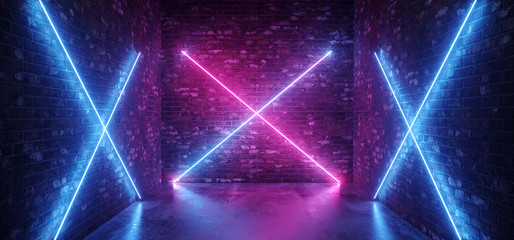 Sci Fi Neon Futuristic Modern Retro Cross Shaped Lights Glowing Gradient Pink Purple Blue In Dark Empty Room Brick Grunge Walls Reflective Concrete Floor 3D Rendering