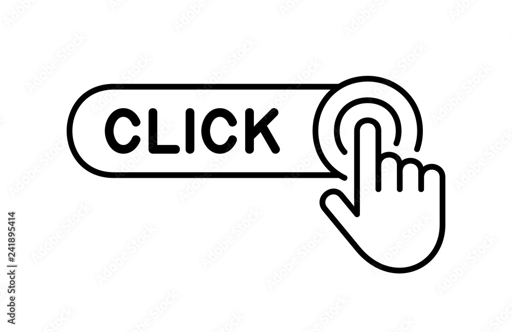 Poster click here button with hand icon. isolated on white background