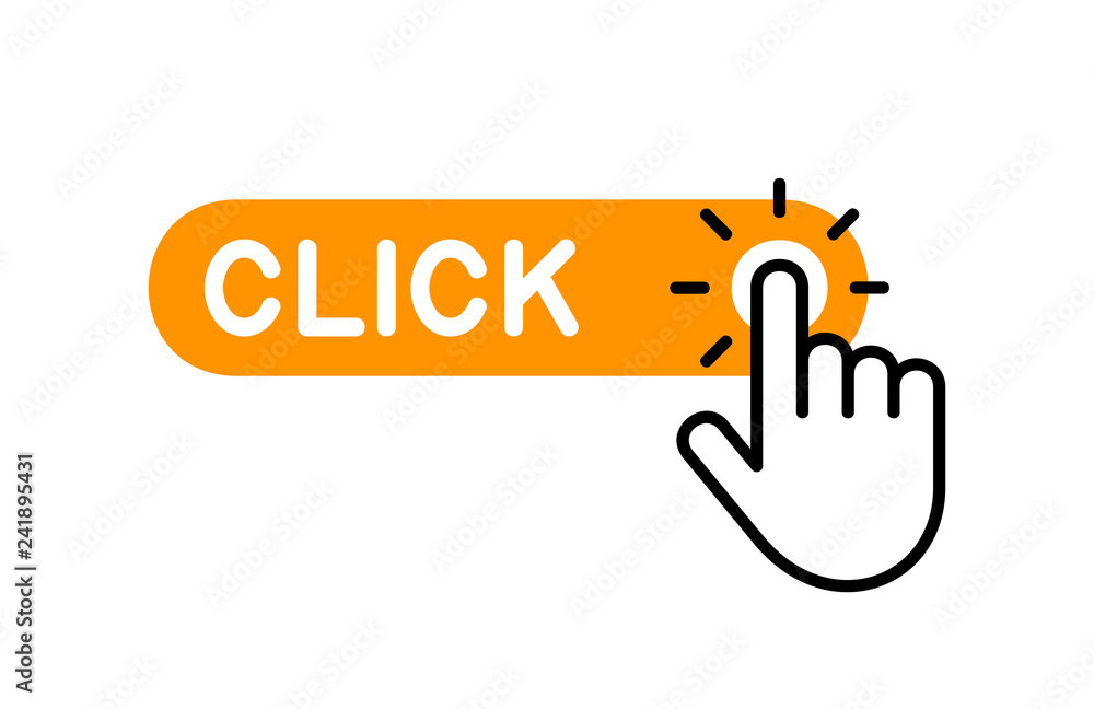 Poster click here button with hand icon. isolated on white background