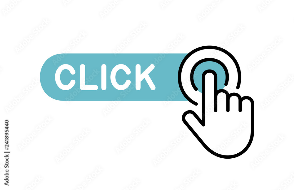 Poster click here button with hand icon. isolated on white background