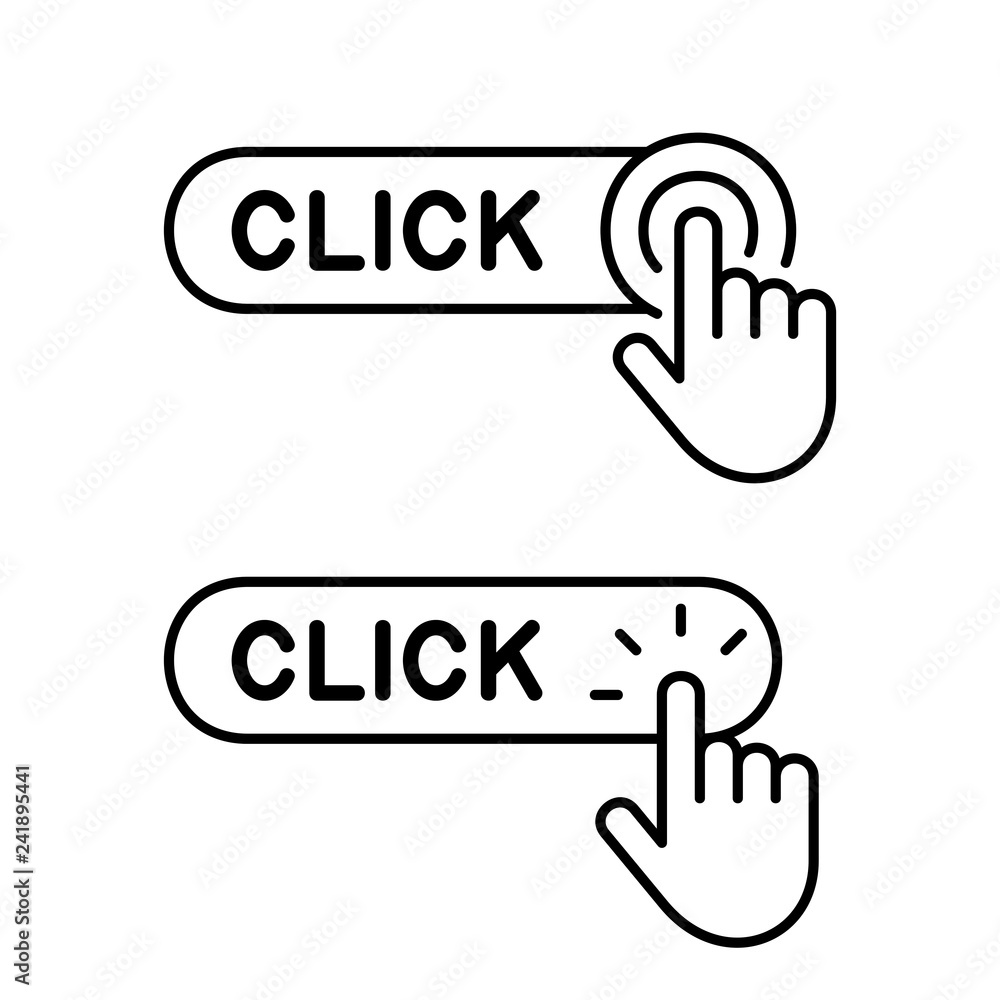 Poster set of click here button with hand icon. isolated on white background