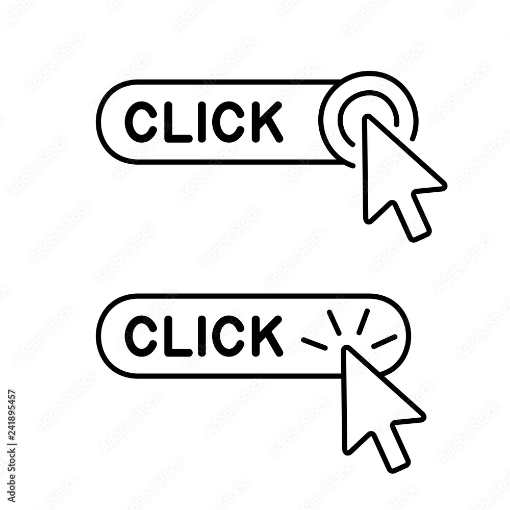 Poster set of click here button with cursor icon. isolated on white background