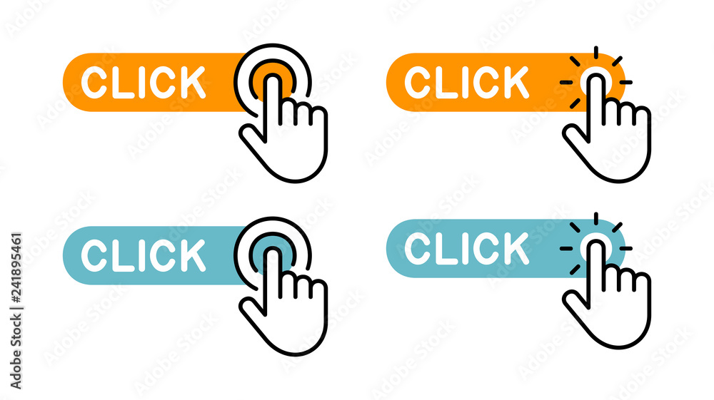 Poster set of click here button with hand icon. isolated on white background