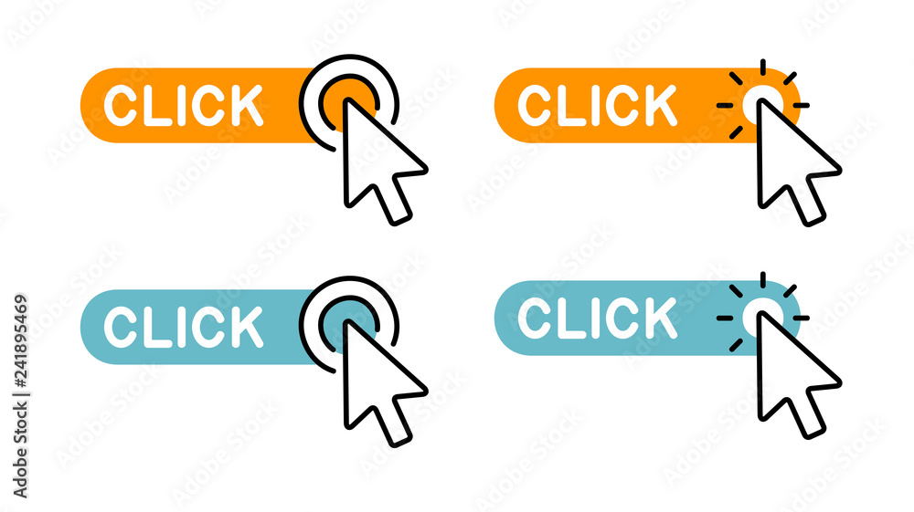 Poster set of click here button with cursor icon. isolated on white background