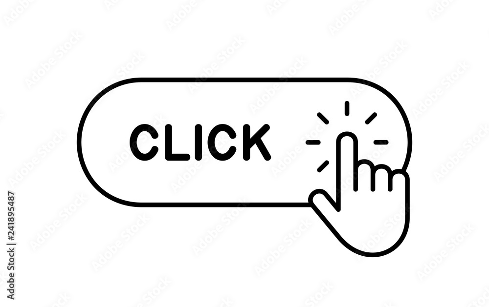 Poster click here button with hand icon. isolated on white background