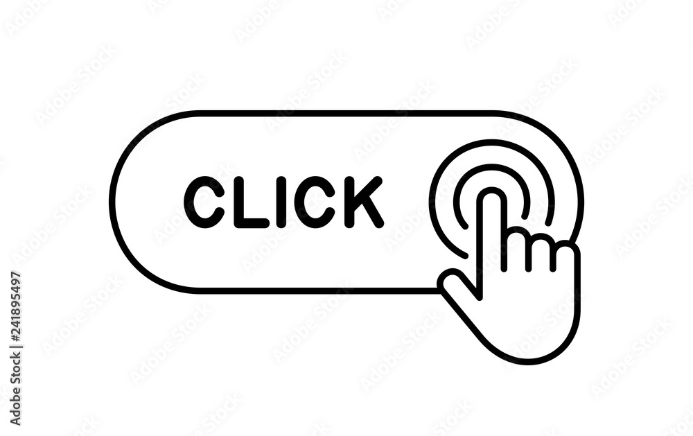 Poster click here button with hand icon. isolated on white background