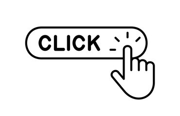Click here button with hand icon. Isolated on White background