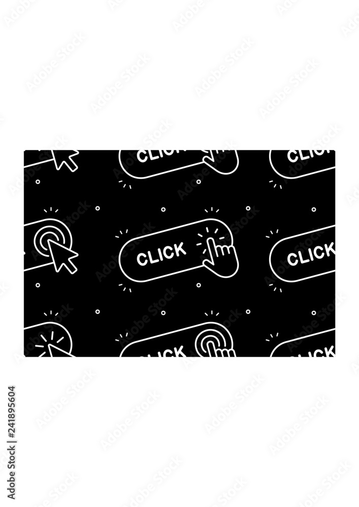Poster seamless pattern with click here button with hand icon and click here button with cursor icon. isola