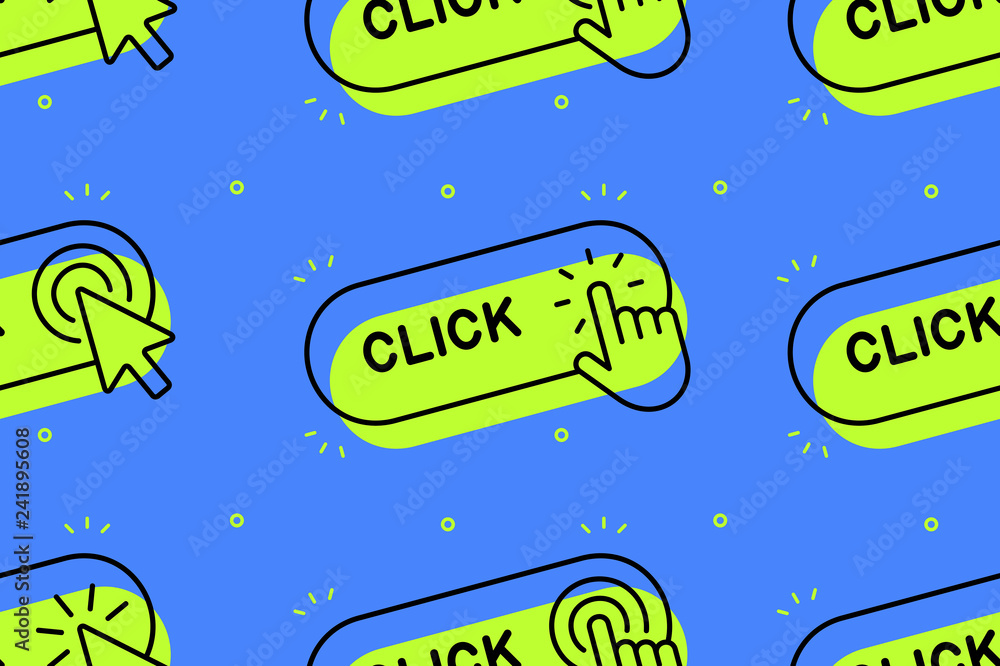 Poster seamless pattern with click here button with hand icon and click here button with cursor icon. isola