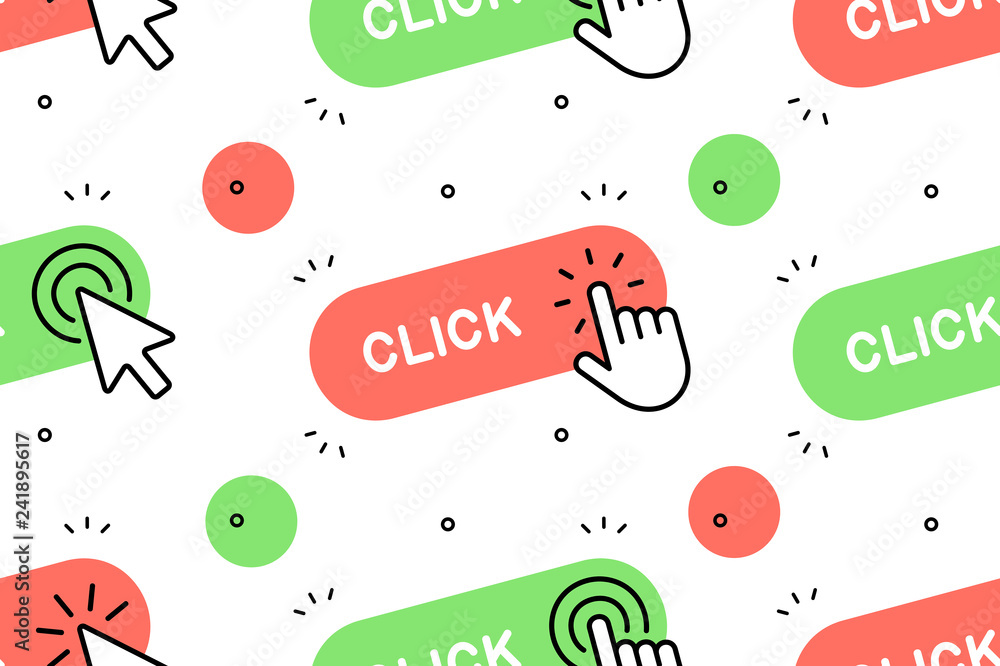 Fototapete Seamless pattern with Click here button with hand icon and Click here button with Cursor icon. Isolated on White background
