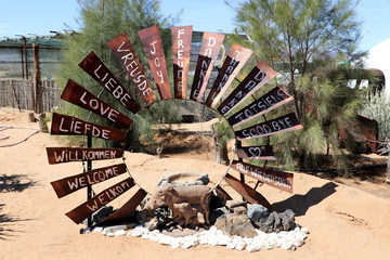 Welcome and good bye bow in different languages ​​in the desert of Namibia