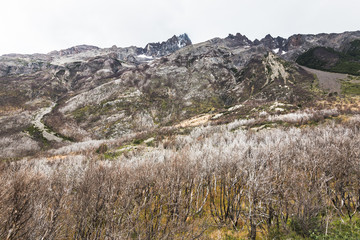 Fototapeta na wymiar Trekking the Patagonian mountain range in Torres del Paine National Park Chile