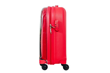 A red travel suitcase on wheels, isolated on a white background. Travel concept, packing up before departure. Preparing for travel, going on vacation, break, rest.