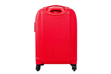 A red travel suitcase on wheels, isolated on a white background. Travel concept, packing up before departure. Preparing for travel, going on vacation, break, rest.