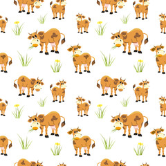 Hand drawn quirky cow seamless pattern. Colorful animals cartoon. Farming herd of brown cows in fun baby style. Domestic cattle mammal grazing grass vector background. Cute hand drawn design element