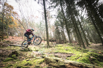 Sport extr&ecirc;me vtt de descente dans les bois en automne