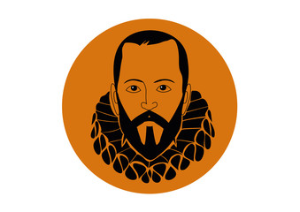 Vector Ilustration Cervantes,  writer of Don Quixote de la Mancha, spanish novel, with windmills and sunset