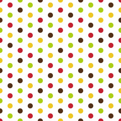 Colorful Polka Dots Seamless Pattern - Red, yellow, brown, and green polka dots on white background