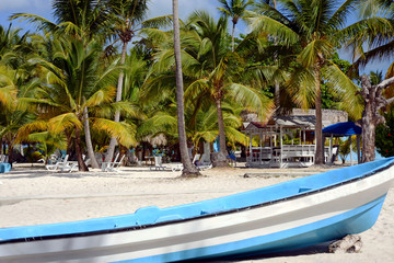 Large white boat close-up on a sandy beach with green palm trees, sunbeds for relaxing and a gazebo...