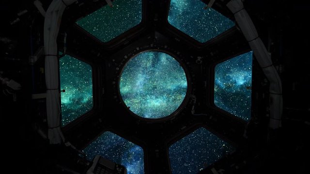 CGI depiction of space flight into a star field captured through a space shuttle window.