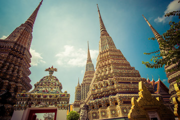 Panorama of Ancient Stupas and pagoda in Wat Pho temple in Bangkok