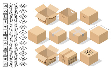 Collection of miniature 3D boxes in the closed and open versions of light brown cardboard. Isometric style with flat shadow. Set of basic informational signs and requirements. For advertising, sites.