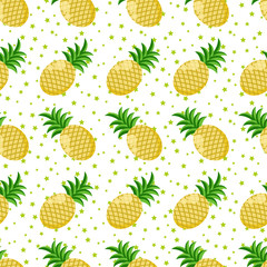 Pineapple Seamless Pattern - Rows of slanted pineapples on white background with light green confetti stars