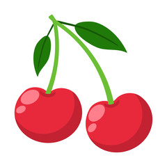 Cherries Illustration - Pair of cherries with stems and leaves isolated on white background