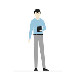 Cartoon male character. Smiling man in t-shirt, pants and shoes. For template, banner and advertising. Simple design. Flat style vector illustration.