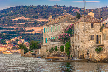 Scenic view at medeival stone architecture in city center of town Vis, croatian popular travel...