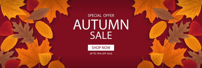 Naklejka na ściany i meble Autumn sale banner template with lettering. Background layout decorate with red, yellow and brown leaves for shop. Modern realistic design. Beautiful wallpaper. Flat style vector illustration.