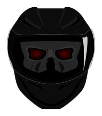 Human skull with ruby eyes in black full face motorcycle helmet with visor face view isolated on white vector illustration