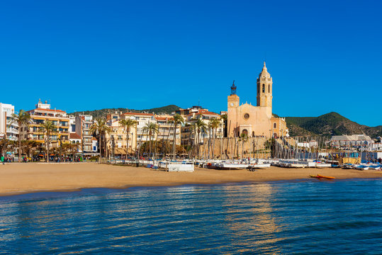 View on the coastal village of Sitges, Catalonia, Spain on sunny winterday