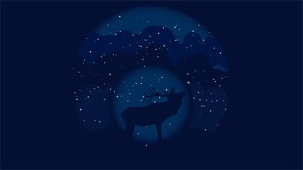 Fototapeta na wymiar Vector illustration of night sky with lonely deer, moon, stars and clouds