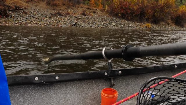 Oars paddling a fishing boat in a river. 