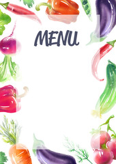 Vegetables and vegetarian food frame, vegan bright color template.