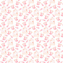 pattern with birds, feathers, cages