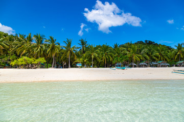 Amazing tropical beach on the island Malcapuya. Beautiful tropical island with white sand and palm trees. Palawan, Philippines.