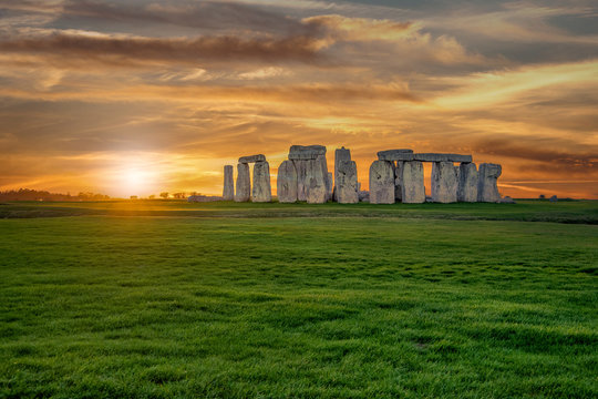 Panoramic view of Stonehenge monument. Colorful sunset in United Kingdom.