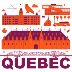 Quebec culture travel set, famous architectures and specialties in flat design. Business travel and tourism concept clipart. Image for presentation, banner, website, advert, flyer, roadmap, icons