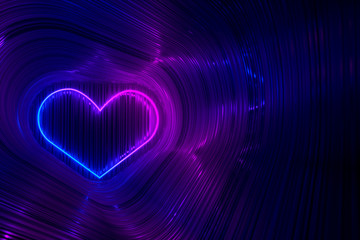 The silhouette of a glowing neon heart on the background of shiny stripes. 3D illustration