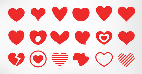 Hearts set isolated on white background. Simple modern design. Icons, signs or logos. Red color. Objects to the Valentine's Day. Flat style vector illustration.