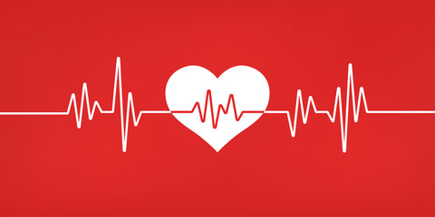 Heart pulse. Red and white colors. Heartbeat lone, cardiogram. Beautiful healthcare, medical background. Modern simple design. Icon. sign or logo. Flat style vector illustration.
